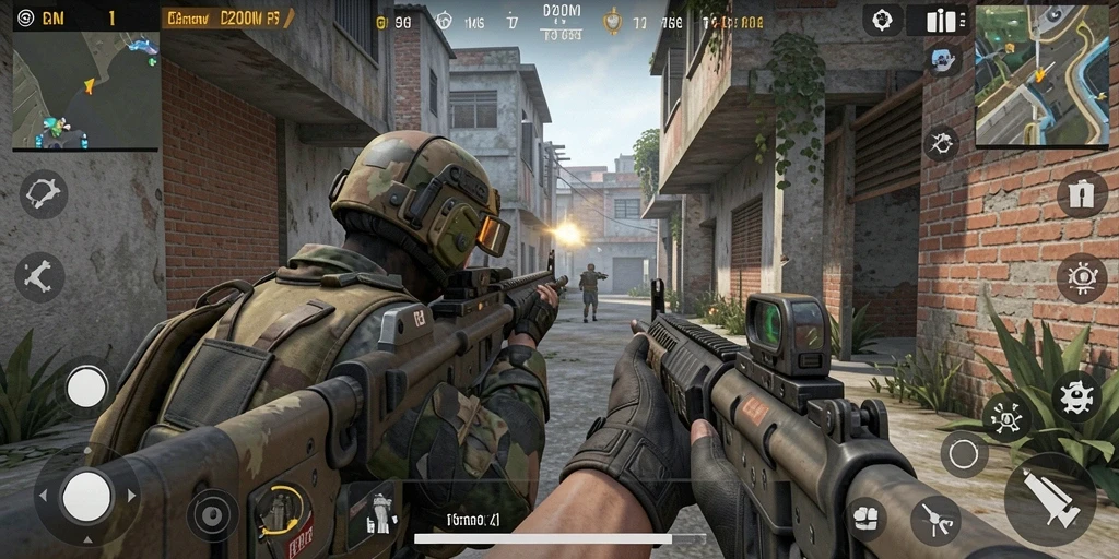 Tangkapan layar gameplay D200M dengan adegan pertempuran FPS yang mendebarkan.