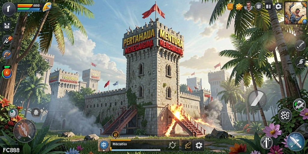 Tampilan gameplay FC888 dengan menara pertahanan megah dan serangan musuh.