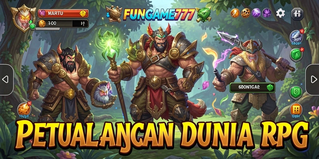 Tampilan gameplay <strong>FUNGAME777</strong> dengan karakter berpetualang di dunia fantasi.
