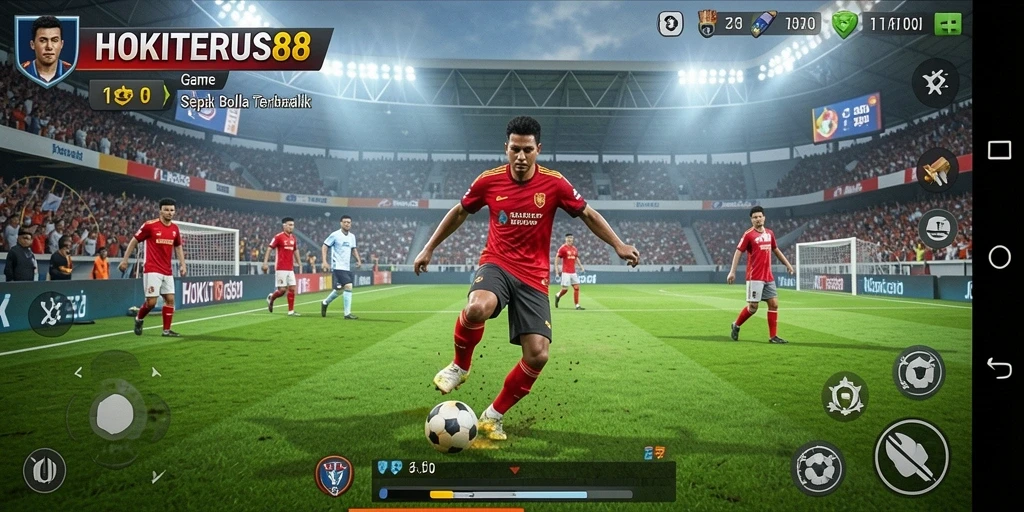 Screenshot gameplay HOKITERUS88 menampilkan aksi sepak bola yang mendebarkan.