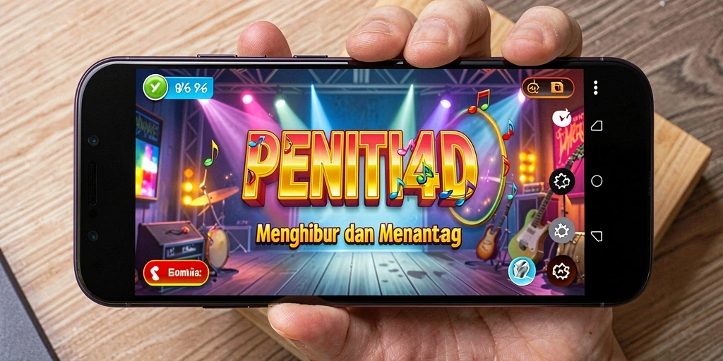 Screenshot utama PENITI4D menampilkan gameplay seru dengan notasi musik yang muncul.
