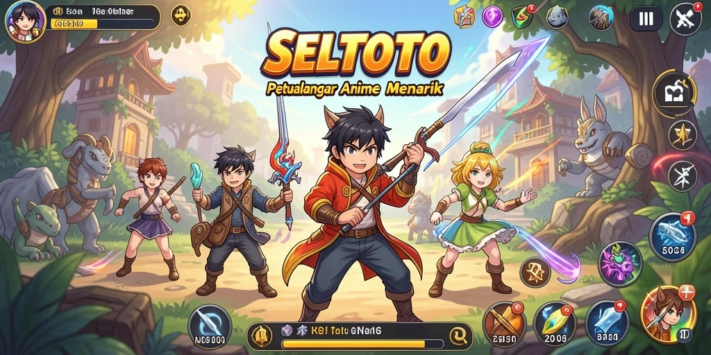 Tangkapan layar utama SELTOTO menampilkan pertarungan karakter anime yang epik.