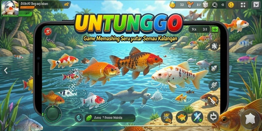 Screenshot UNTUNGGO menunjukkan pemain menangkap ikan di lautan yang indah.